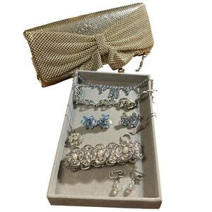 Prom Ready Bundle - Jessica McClintock Silver Mesh Bow Clutch 8 Pieces Jewelry